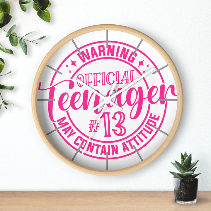 Sea Dragon Dreams wooden wall clock with pink Official Teenager #13 May Contain Attitude graphic on white face