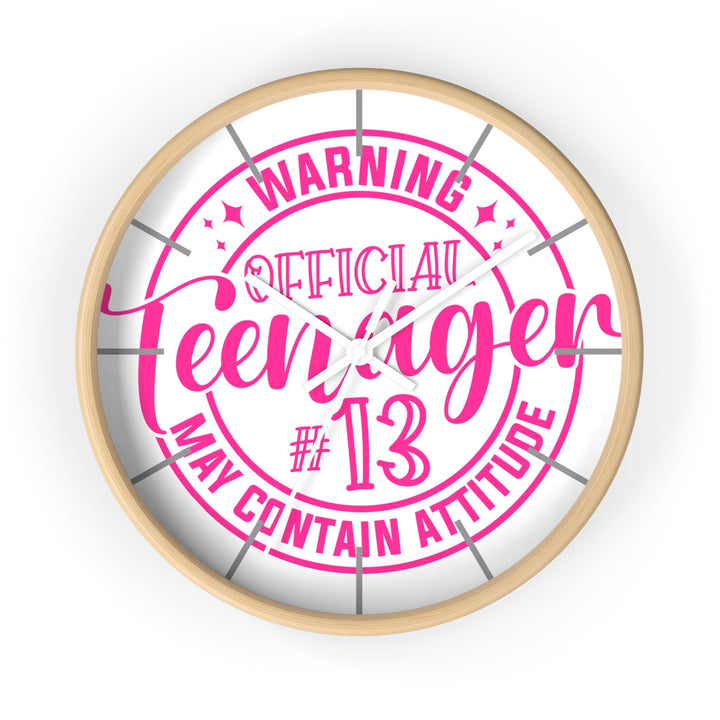 Sea Dragon Dreams wooden wall clock with a pink Official Teenager 13 graphic and a natural wood frame.