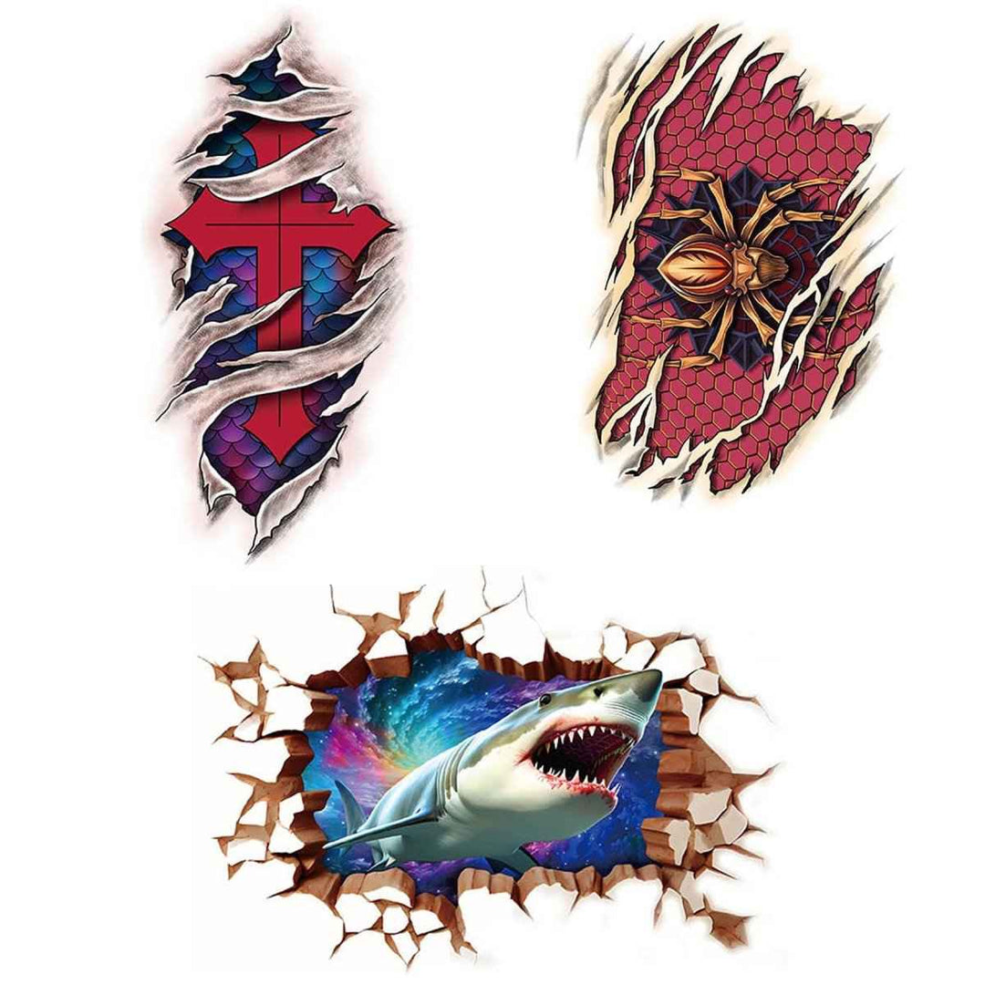 Sea Dragon Dreams temporary tattoo set featuring a red cross, spider, and 3D shark design with realistic skin tear art