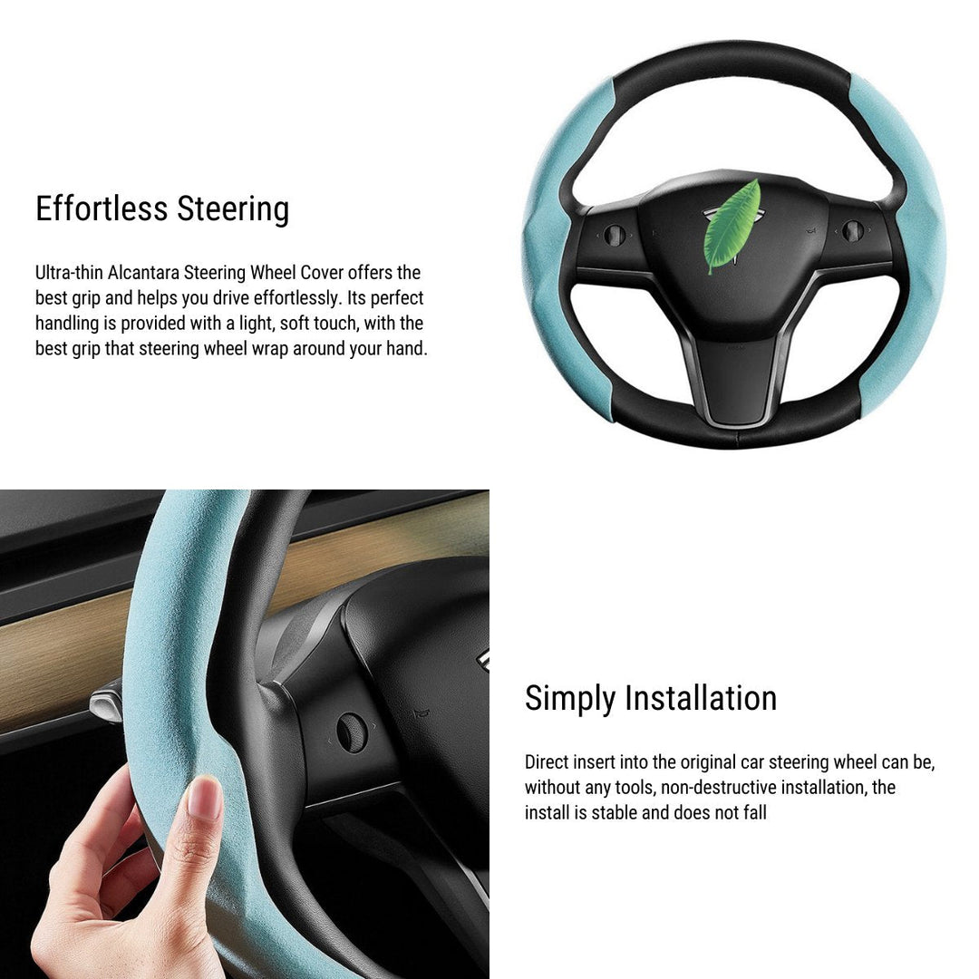Sea Dragon Dreams ultra-thin light blue and black Alcantara steering wheel cover for Tesla Model 3 and Model Y
