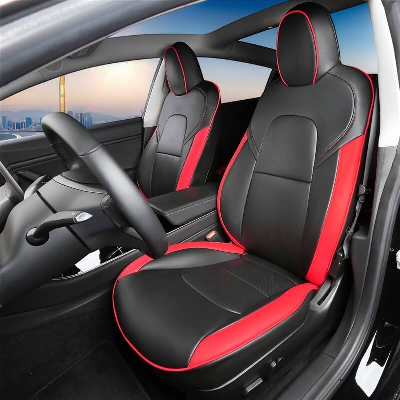 Sea Dragon Dreams black and red leather seat covers installed in a Tesla Model 3 or Model Y interior