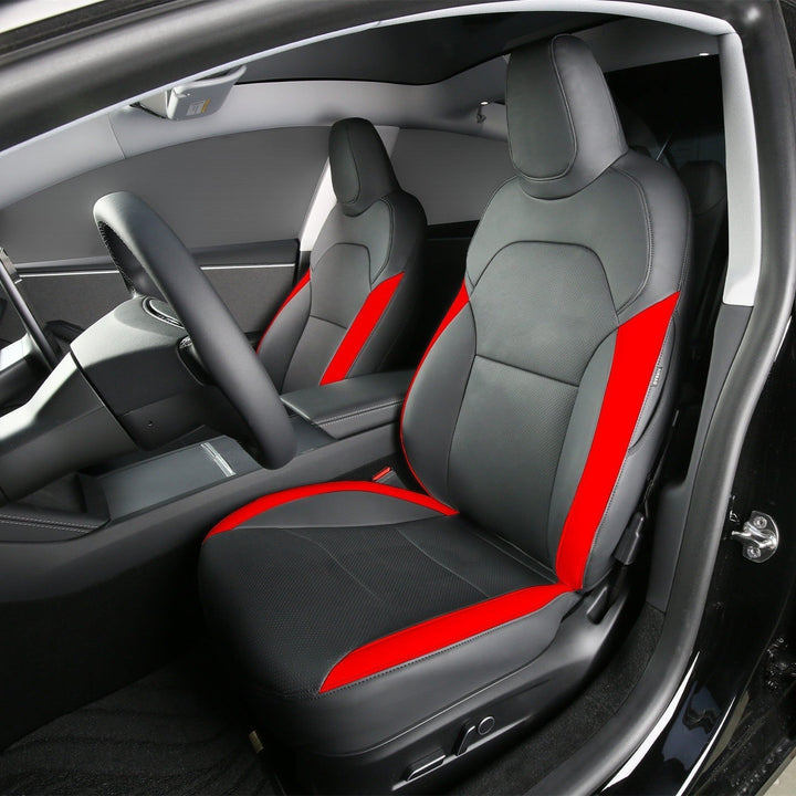 Sea Dragon Dreams black and red leather seat covers installed in a Tesla Model 3 or Model Y interior