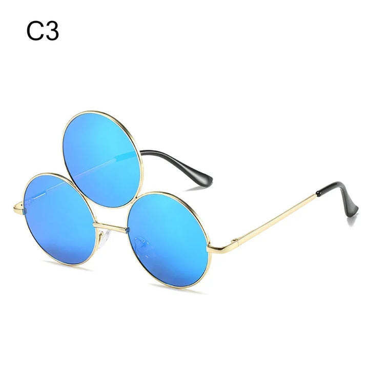 Sea Dragon Dreams novelty third-eye round sunglasses with gold metal frames and reflective blue lenses for cosplay.