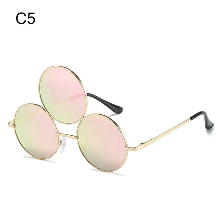 Sea Dragon Dreams novelty third-eye round sunglasses with gold metal frames and reflective pink lenses for cosplay.
