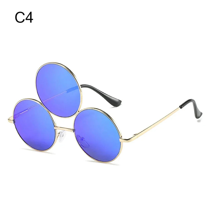 Sea Dragon Dreams novelty third-eye round sunglasses with blue lenses and gold metal frames for cosplay and costumes.