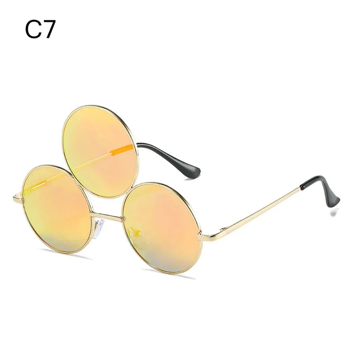 Sea Dragon Dreams novelty third-eye round sunglasses with gold metal frames and reflective orange-tinted lenses.