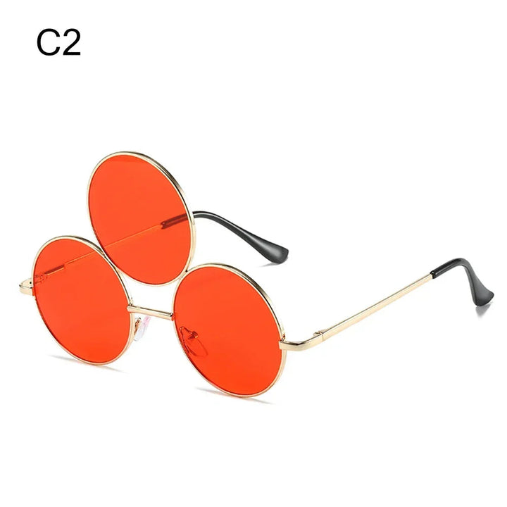 Sea Dragon Dreams novelty third-eye round sunglasses with bright orange lenses and a gold metal frame for cosplay