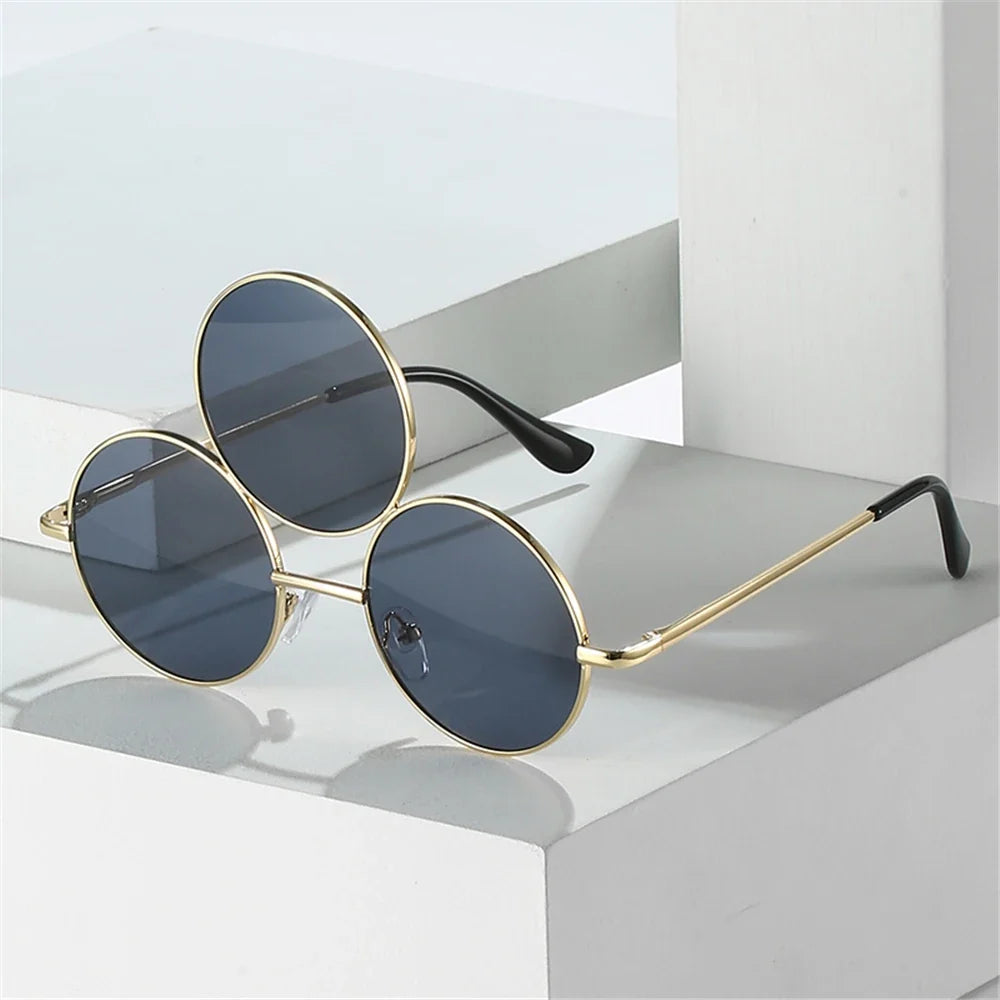 Sea Dragon Dreams novelty third-eye round sunglasses with gold metal frames and dark lenses for Erlang God cosplay.