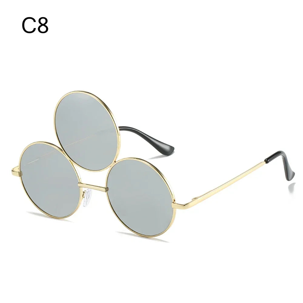 Sea Dragon Dreams novelty third-eye round sunglasses with gold metal frames and reflective lenses for cosplay.