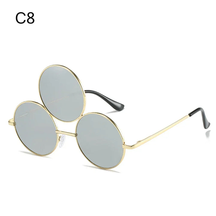 Sea Dragon Dreams novelty third-eye round sunglasses with gold metal frames and reflective lenses for cosplay.