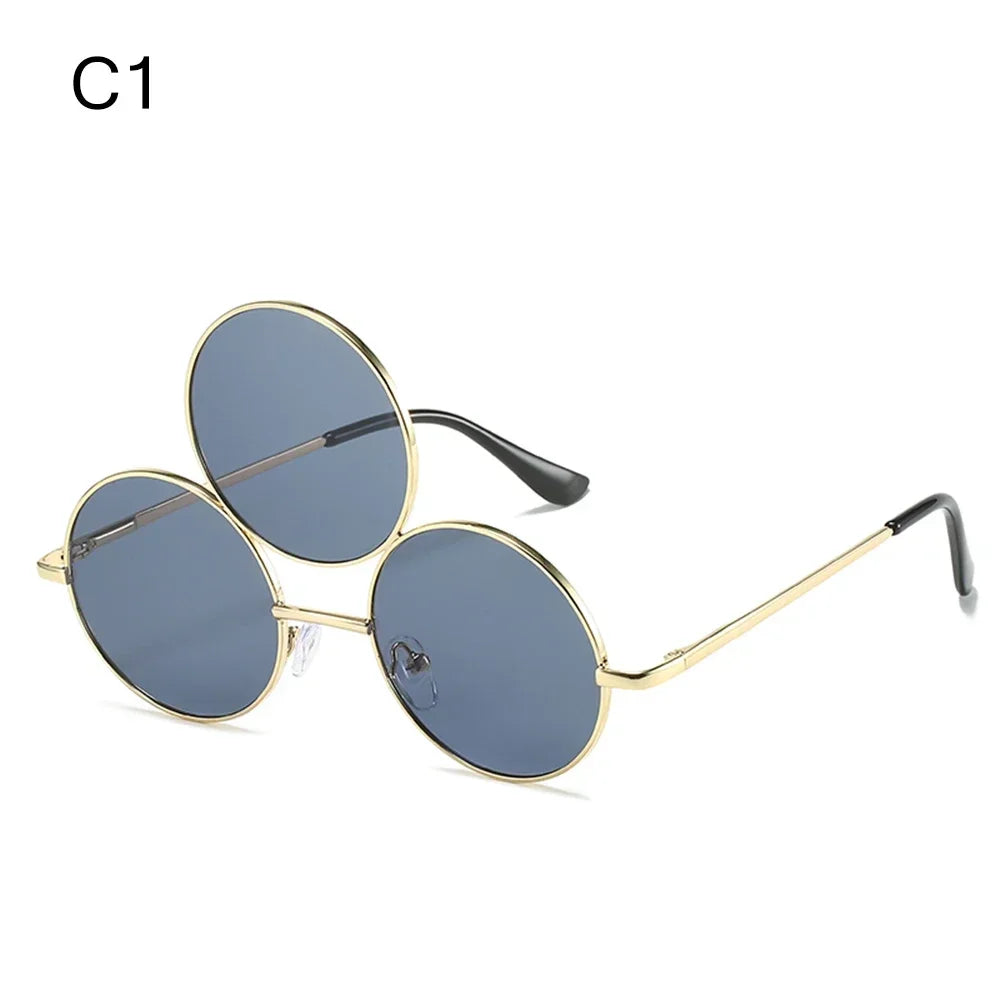 Sea Dragon Dreams novelty third-eye round sunglasses with gold metal frames and dark lenses for Erlang God cosplay.