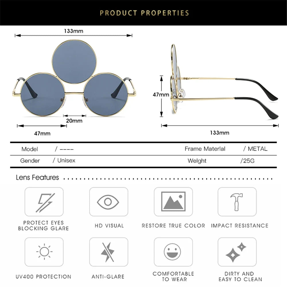 Sea Dragon Dreams novelty third-eye round metal sunglasses with technical dimensions and lens feature icons