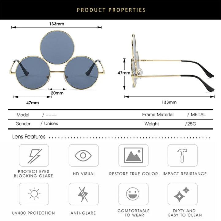 Sea Dragon Dreams novelty third-eye round metal sunglasses with technical dimensions and lens feature icons