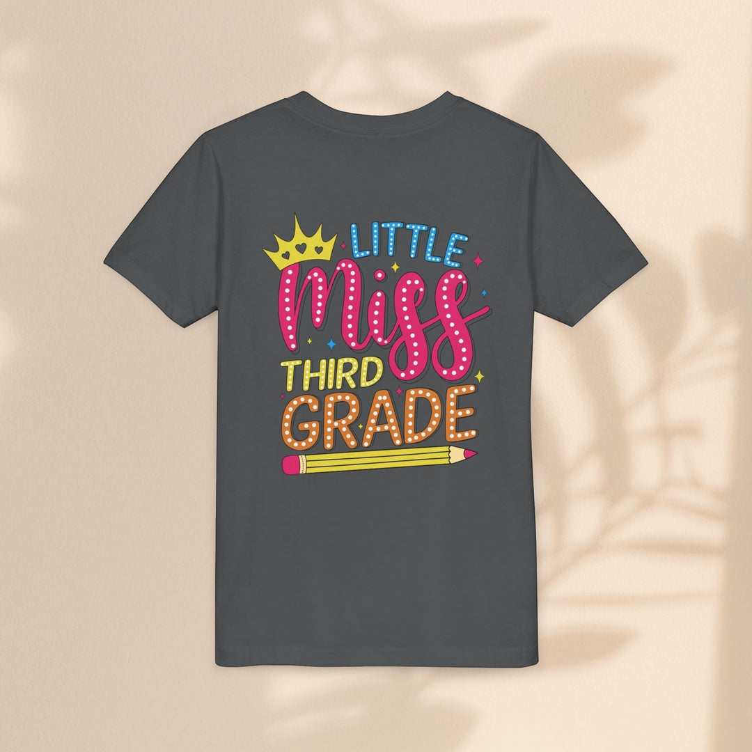 Sea Dragon Dreams Little Miss Third Grade youth tee in dark grey cotton with a colorful back-to-school graphic.