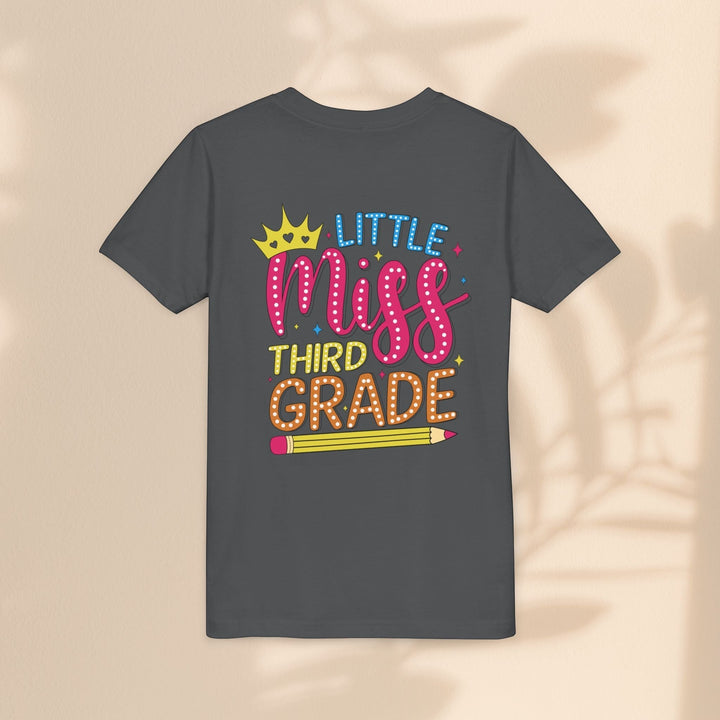 Sea Dragon Dreams Little Miss Third Grade youth tee in dark grey cotton with a colorful back-to-school graphic.