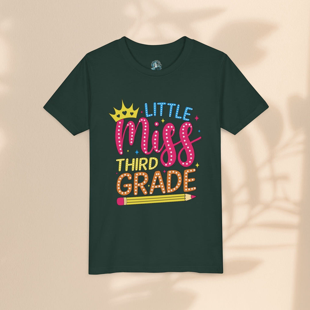 Sea Dragon Dreams dark green youth t-shirt with Little Miss Third Grade graphic featuring a crown and pencil.