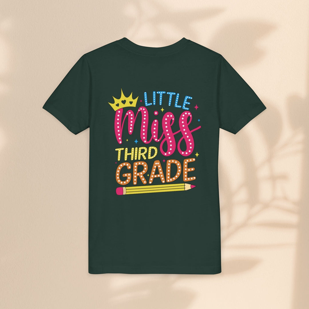 Sea Dragon Dreams dark green youth t-shirt with Little Miss Third Grade graphic featuring a crown and pencil.