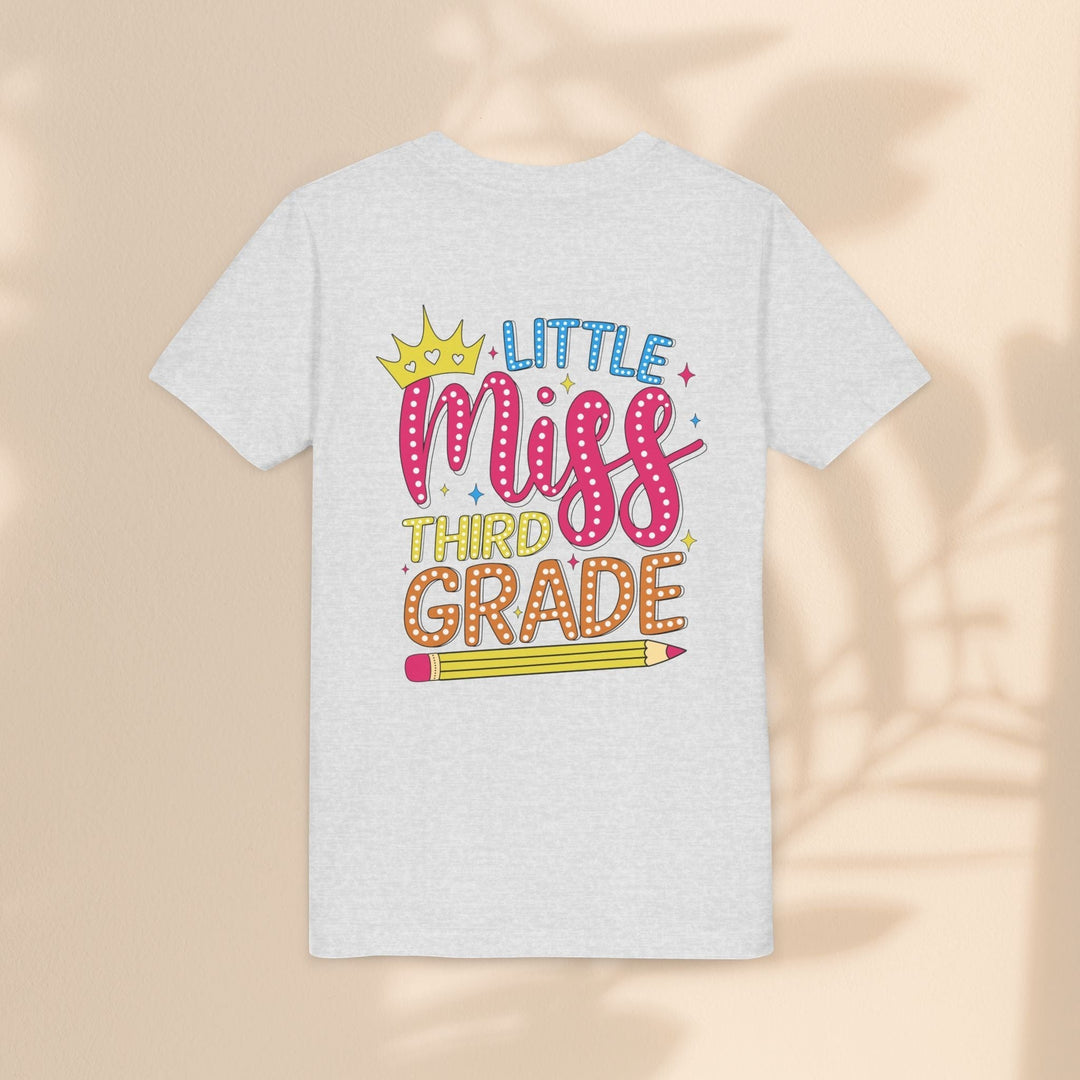 Sea Dragon Dreams youth t-shirt in heather grey cotton with Little Miss Third Grade graphic and crown illustration.