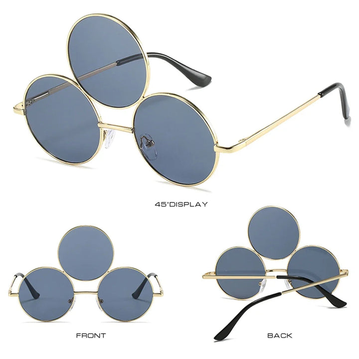 Sea Dragon Dreams novelty three-lens round sunglasses with gold metal frames for Erlang Shen cosplay and costumes.