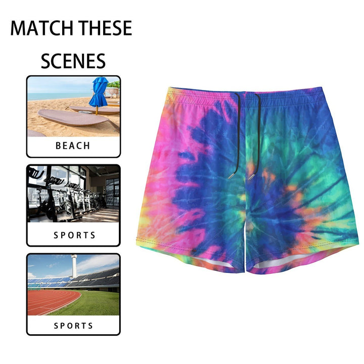 Sea Dragon Dreams men's vibrant tie-dye polyester shorts with an elastic waistband, suitable for beach and sports.