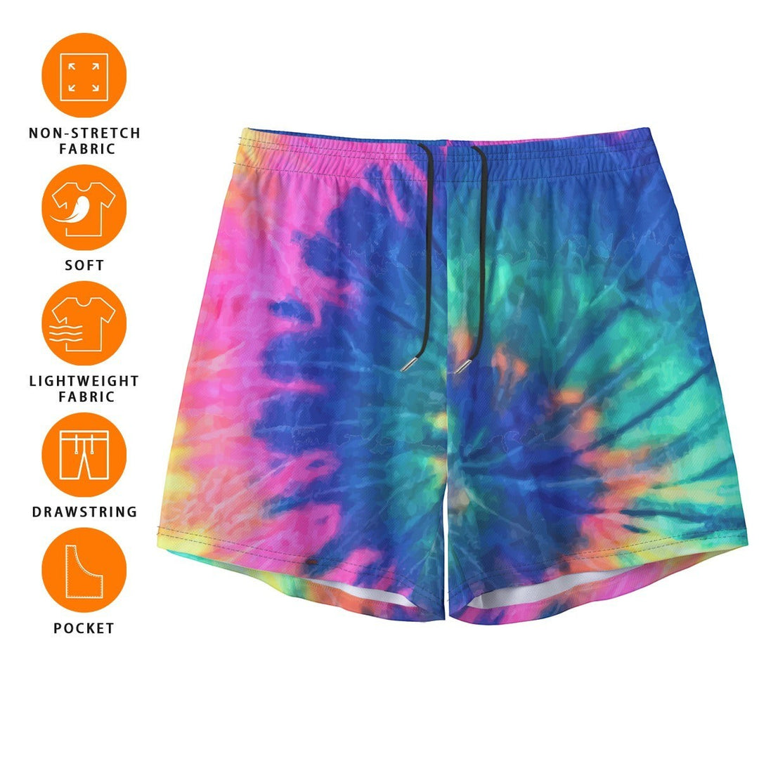 Sea Dragon Dreams men's vibrant tie-dye polyester shorts with an elastic drawstring waistband and side pockets.