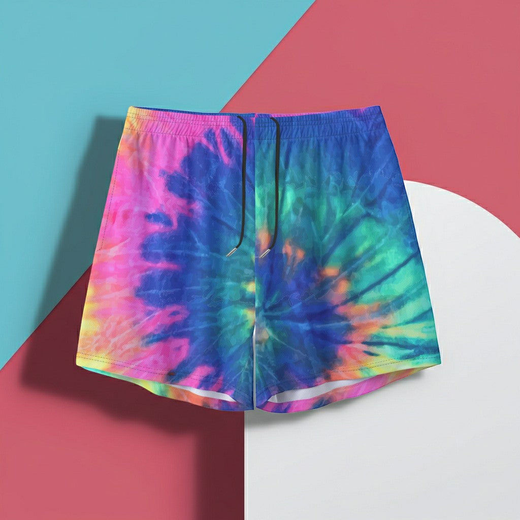 Sea Dragon Dreams men's polyester tie-dye shorts with an elastic waistband and drawstring in vibrant multi-colors.