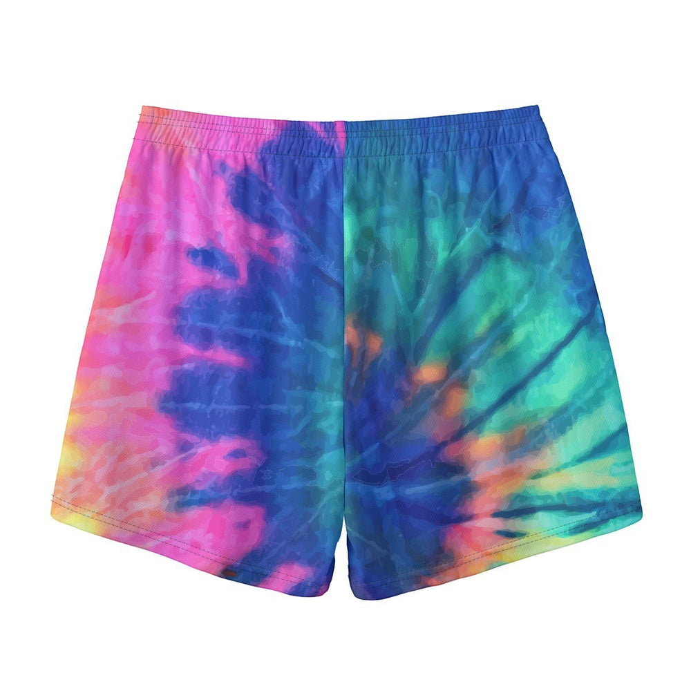 Sea Dragon Dreams men's polyester shorts featuring a vibrant pink, blue, and green tie-dye pattern and elastic waist.