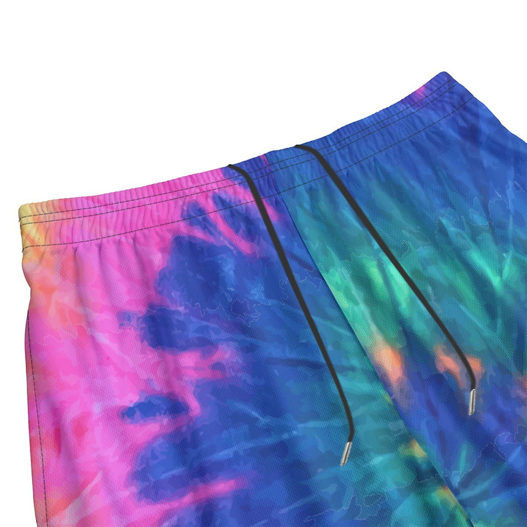 Sea Dragon Dreams men's polyester tie-dye shorts with an elastic waistband and black drawstring in vibrant blue and pink