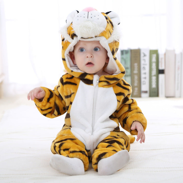 Sea Dragon Dreams baby wearing a soft cotton flannel tiger costume romper with a hood for fall and winter