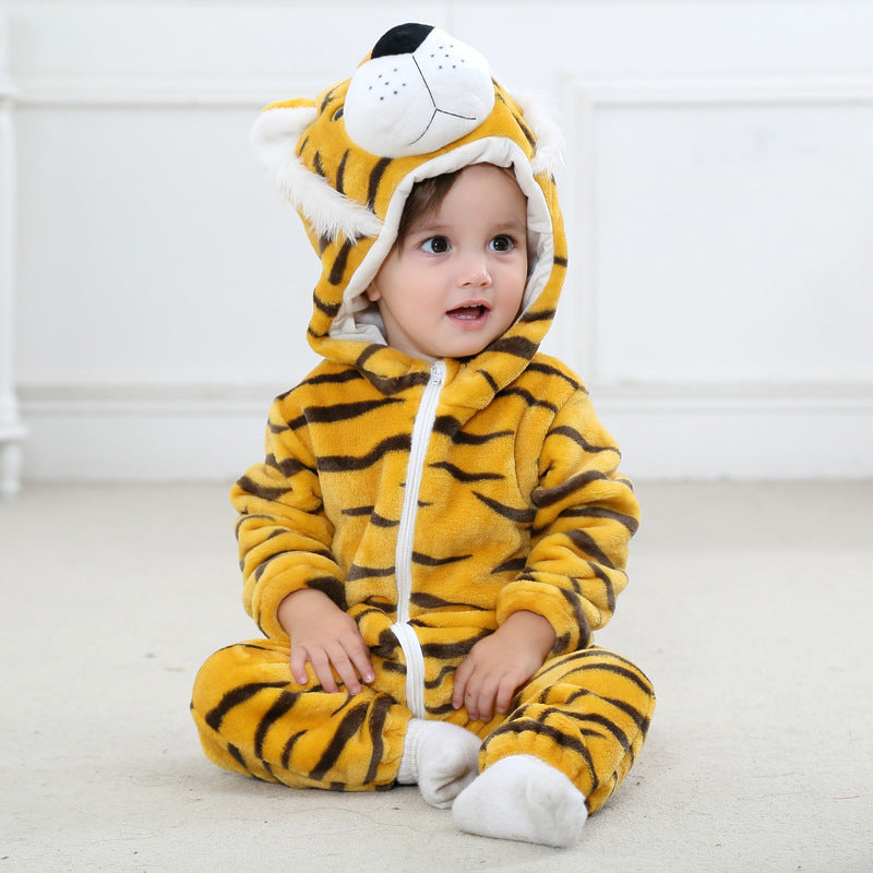 Sea Dragon Dreams baby wearing a cozy yellow and black tiger flannel romper with a hood featuring tiger ears