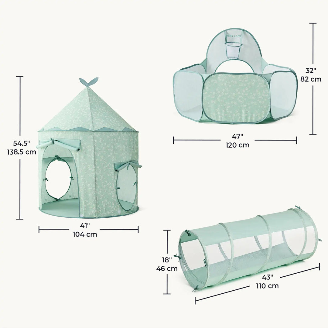 Sea Dragon Dreams 3-in-1 play tent, tunnel, and ball pit set in sage green with white floral patterns and mesh panels.