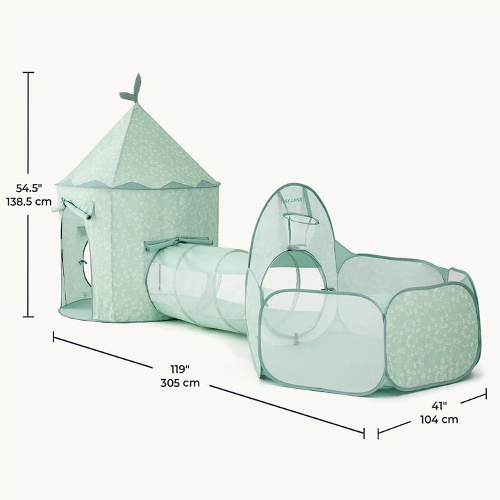 Sea Dragon Dreams Tiny Land 3-in-1 play tunnel set in sage green with floral pattern, including tent and ball pit.
