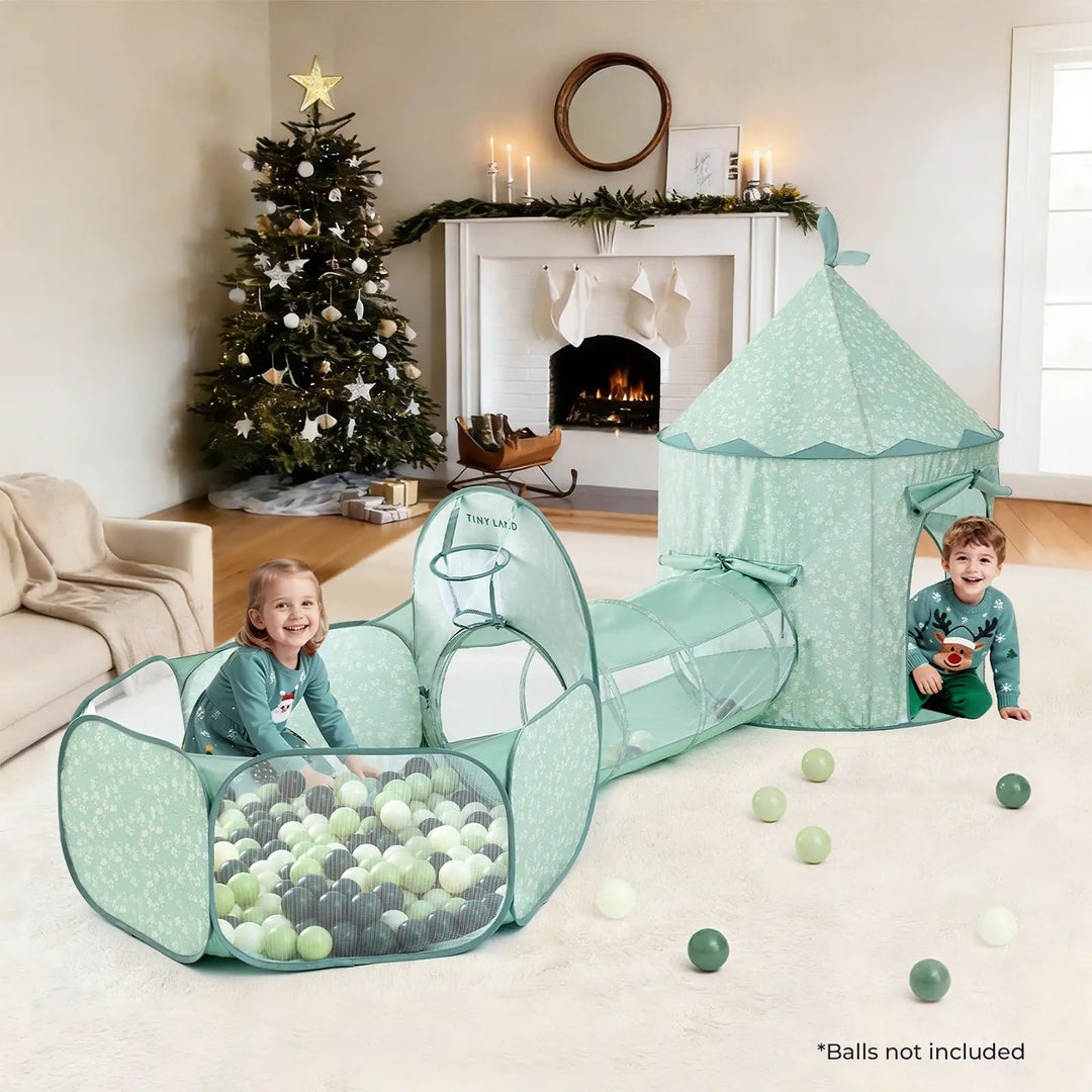 Sea Dragon Dreams Tiny Land 3-in-1 play tunnel set in sage green with star patterns, featuring a tent and ball pit.
