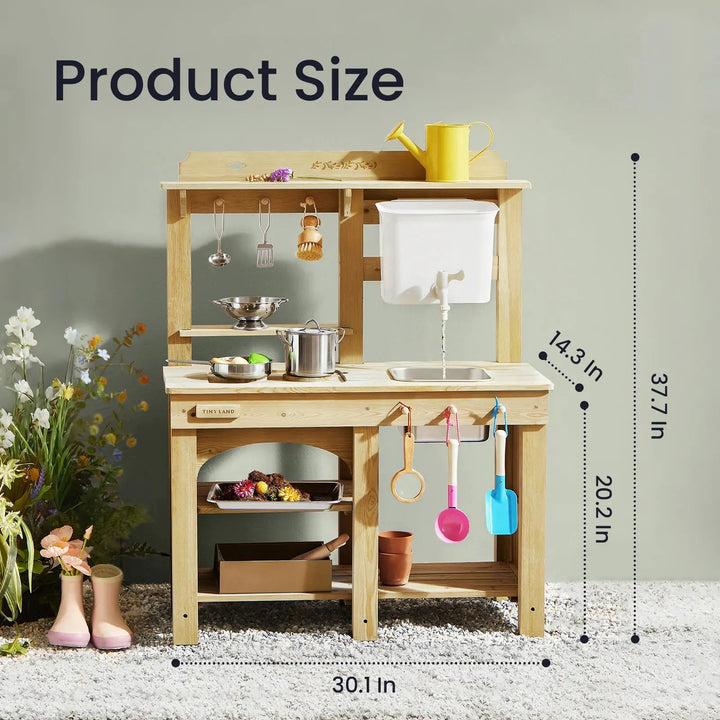 Sea Dragon Dreams Tiny Land wooden outdoor mud kitchen with water tank, sink, and accessories for kids' sensory play.