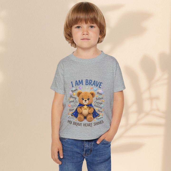 Sea Dragon Dreams toddler t-shirt in sport grey cotton featuring a cute teddy bear graphic and I Am Brave text