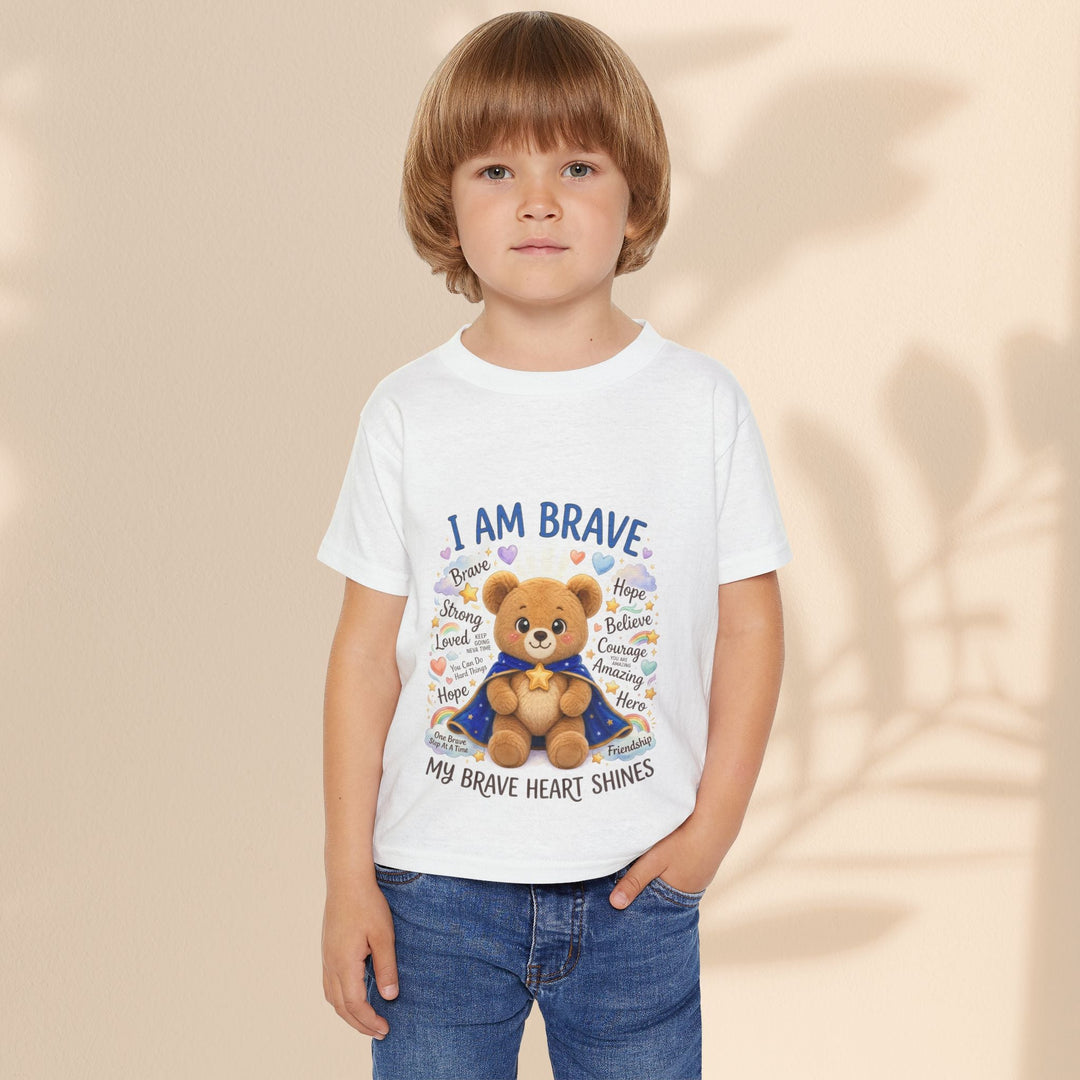Sea Dragon Dreams toddler t-shirt featuring a cute teddy bear graphic with the text I Am Brave and My Brave Heart Shines