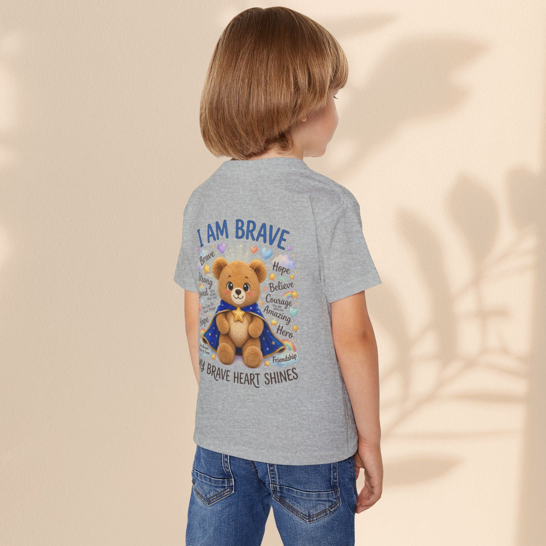 Sea Dragon Dreams toddler t-shirt in sport grey cotton featuring a teddy bear graphic with I Am Brave text on back