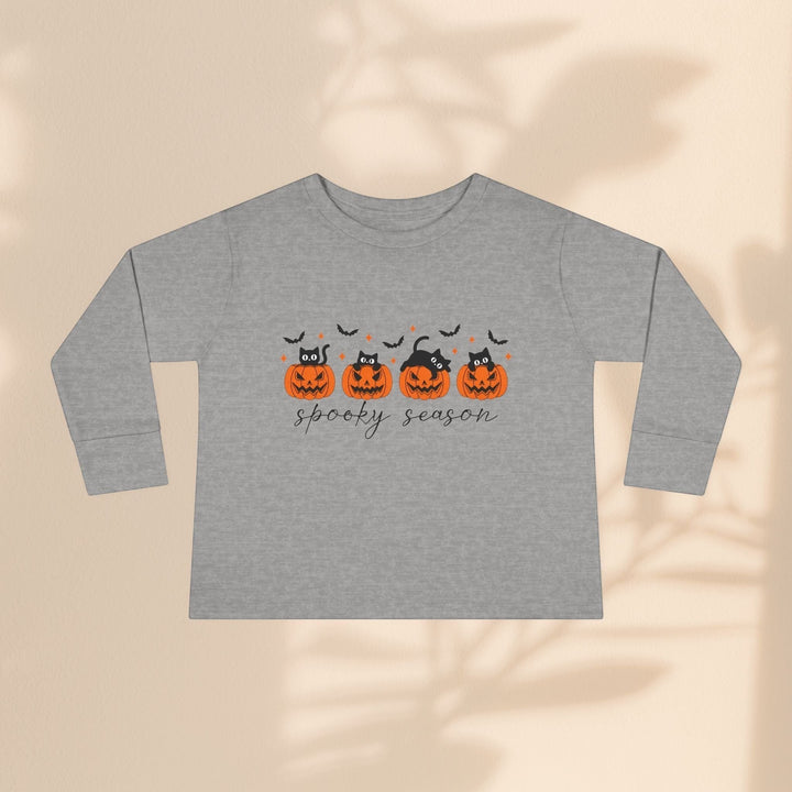 Sea Dragon Dreams toddler long sleeve tee in heather grey with black cats and orange pumpkins for Halloween.