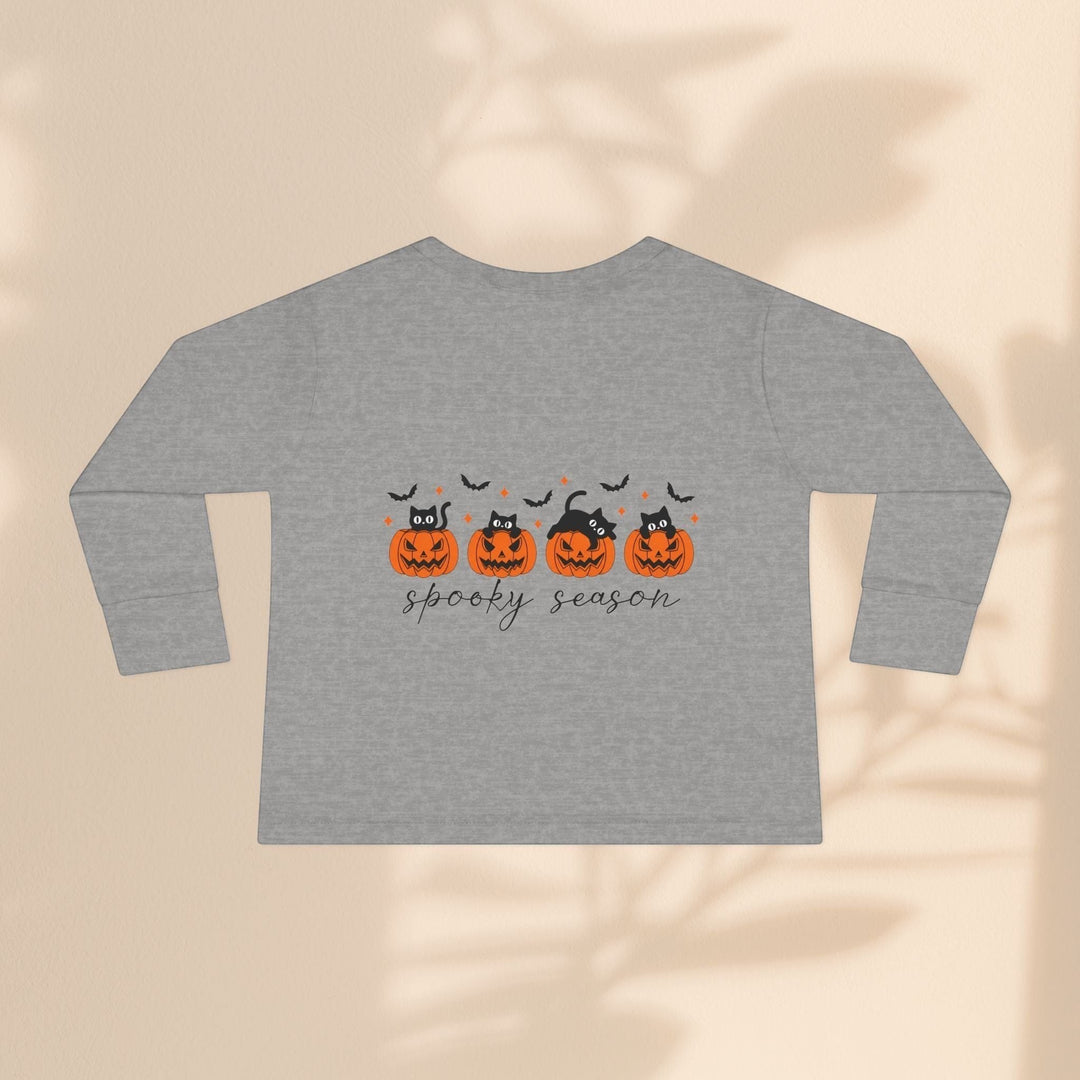 Sea Dragon Dreams toddler long sleeve grey tee with black cats and orange pumpkins for Halloween spooky season
