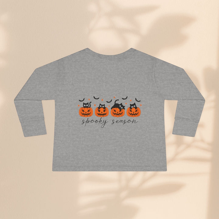 Sea Dragon Dreams toddler long sleeve grey tee with black cats and orange pumpkins for Halloween spooky season