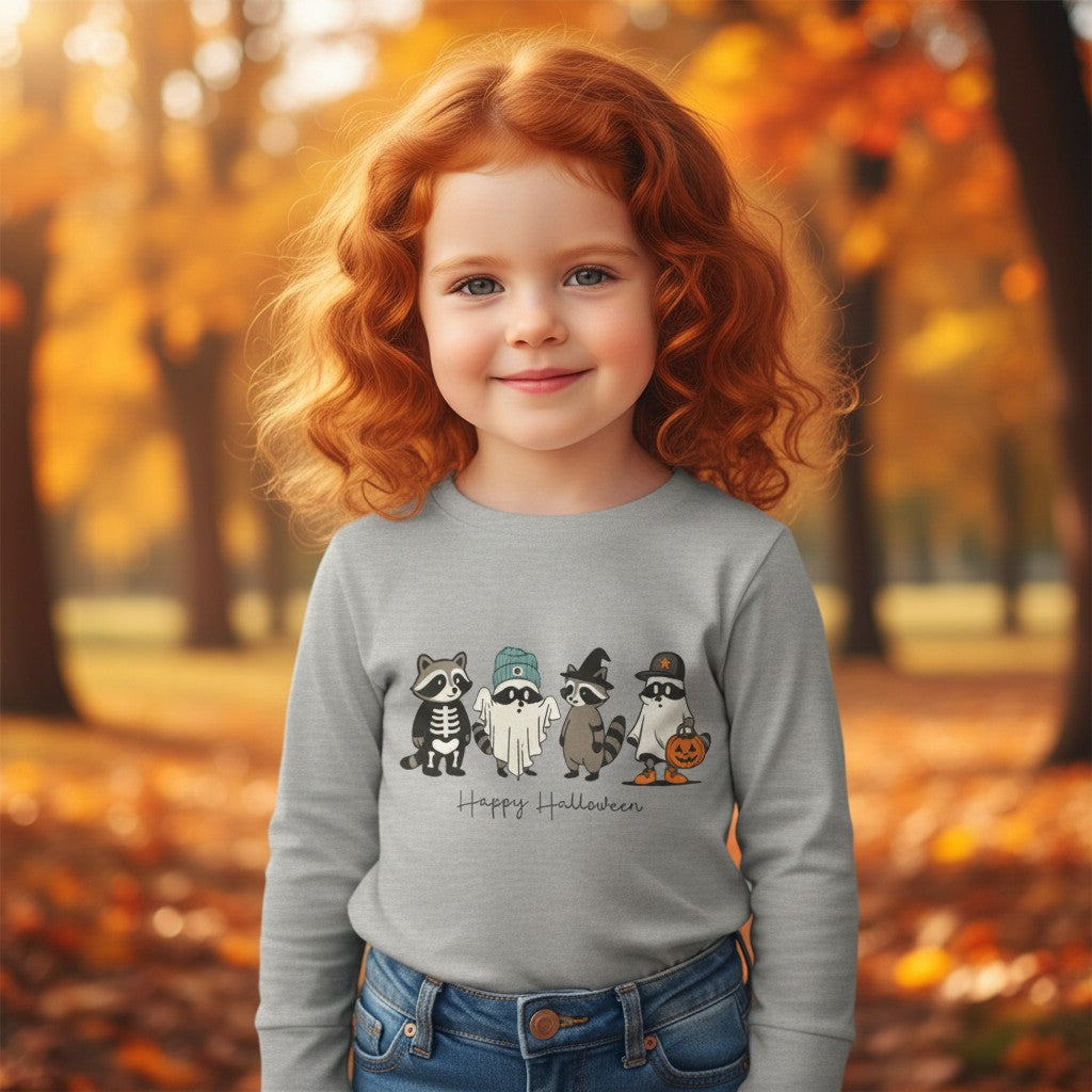 Sea Dragon Dreams toddler grey long-sleeve Halloween t-shirt with cute ghost and monster print on a red-haired girl