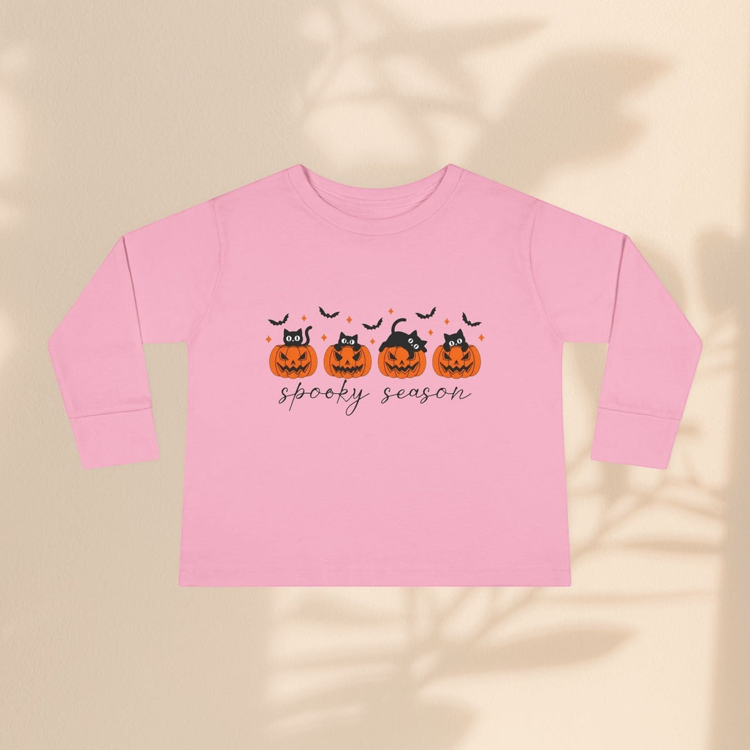 Sea Dragon Dreams toddler long sleeve pink tee with spooky season pumpkin and black cat Halloween graphic print