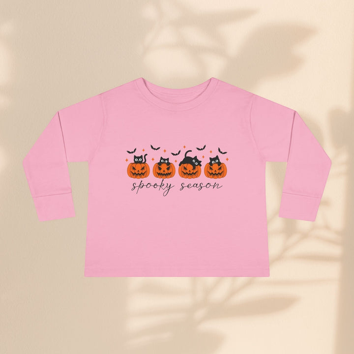 Sea Dragon Dreams toddler long sleeve pink tee with spooky season pumpkin and black cat Halloween graphic print