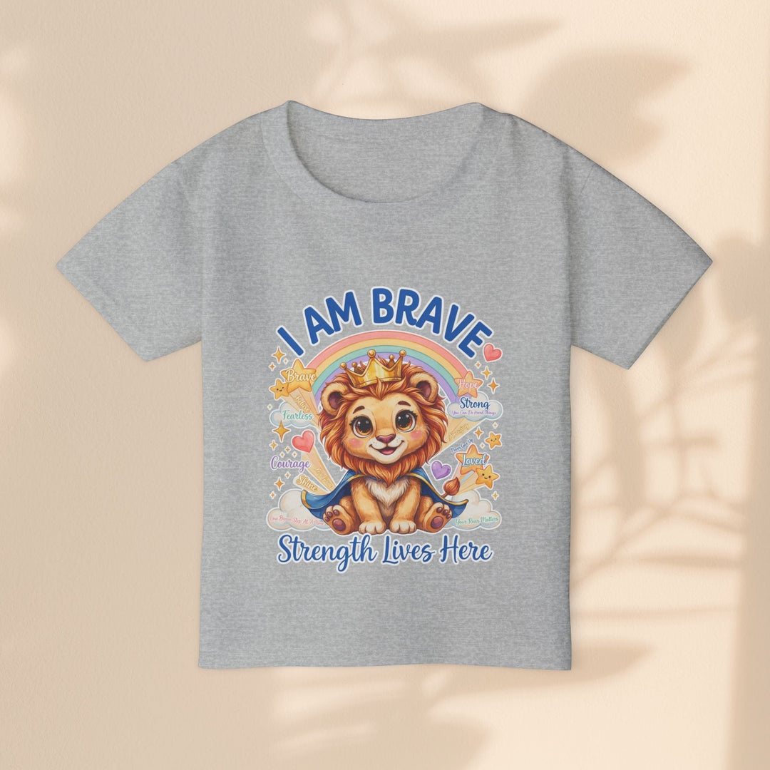 Sea Dragon Dreams toddler t-shirt in heather grey cotton featuring a cute lion wearing a crown and cape with rainbow