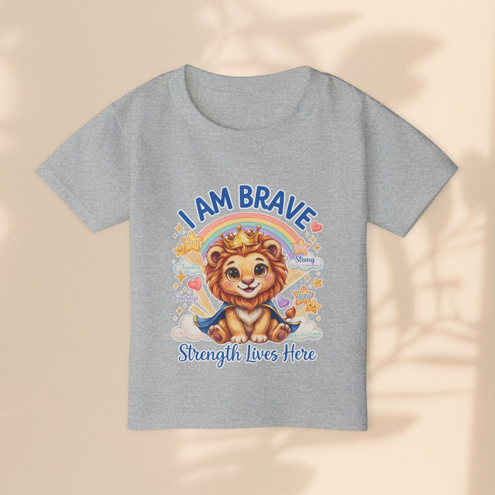 Sea Dragon Dreams toddler t-shirt in heather grey cotton featuring a cute lion wearing a crown and cape with rainbow