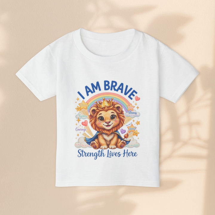 Sea Dragon Dreams white cotton toddler t-shirt with a cute Leo Lion graphic, rainbow, and I Am Brave text.
