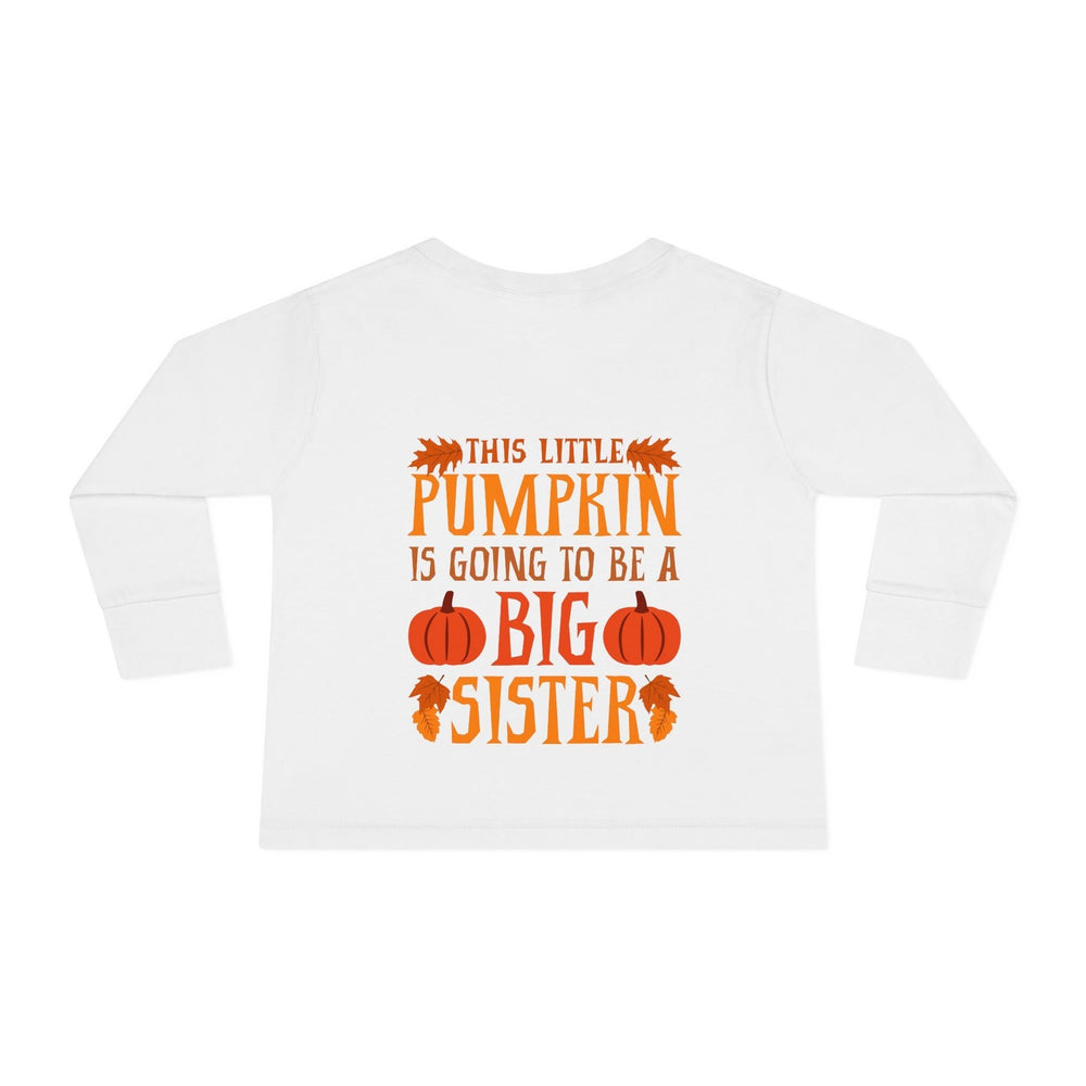 Sea Dragon Dreams white toddler long sleeve tee with orange and brown Big Sister Pumpkin fall graphic print
