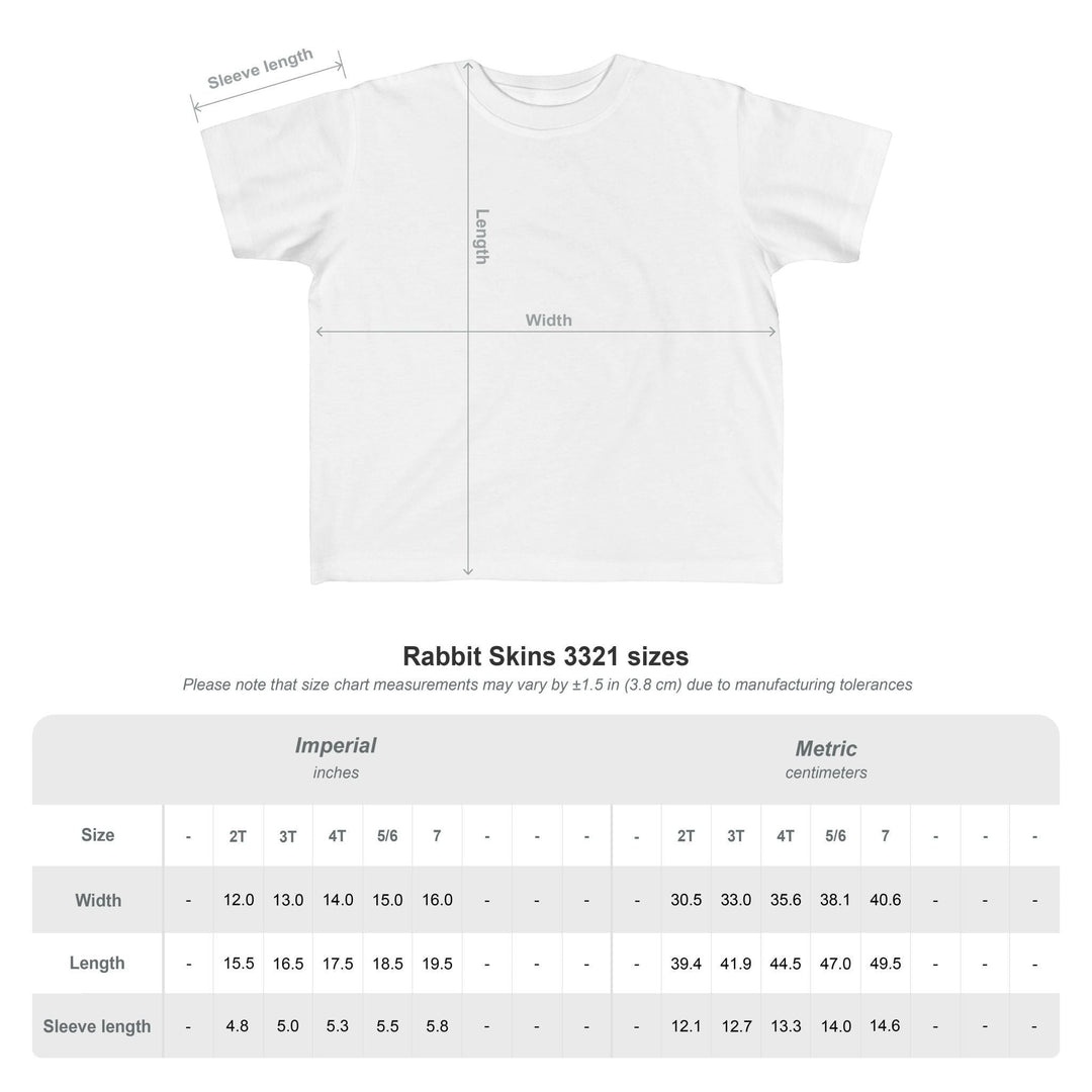 Sea Dragon Dreams size guide chart for Brave Buddies toddler tee showing width, length, and sleeve measurements.