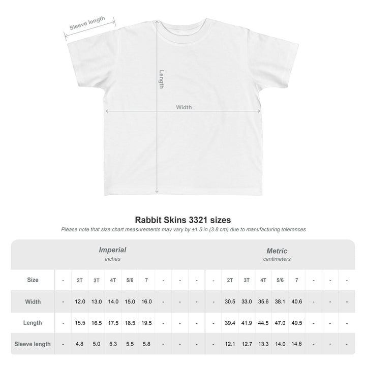 Sea Dragon Dreams size guide chart for Brave Buddies toddler tee showing width, length, and sleeve measurements.