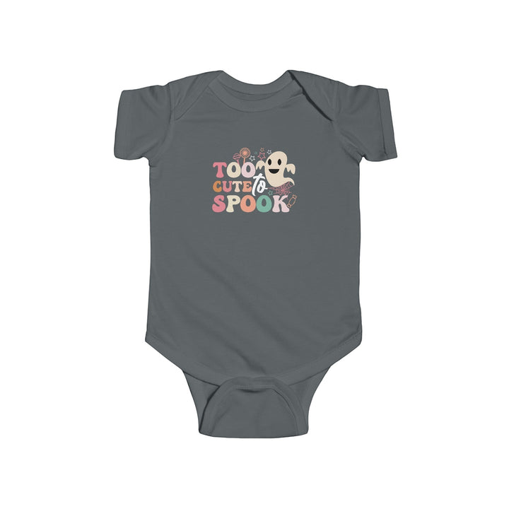 Sea Dragon Dreams infant bodysuit in dark grey with Too Cute To Spook Halloween ghost graphic and cotton fabric.